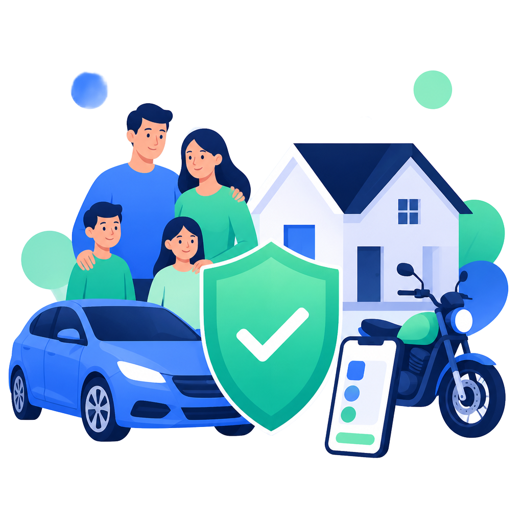 Família protegida com seguro auto, residencial, moto e celular